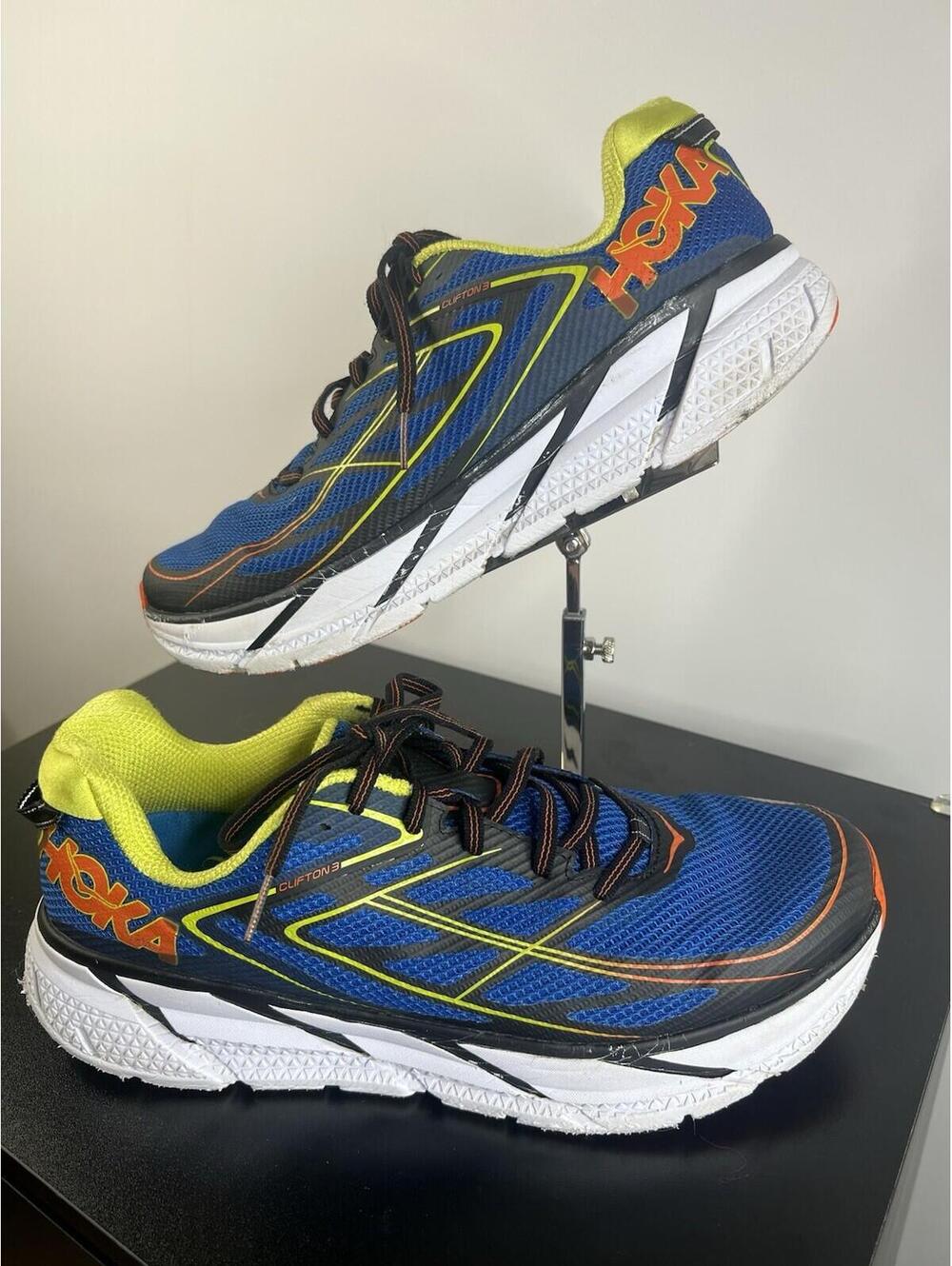 HOKA ONE ONE CLIFTON 3 Mens 12 Blue Running ShoesNeon Yellow Lightweight Trainer